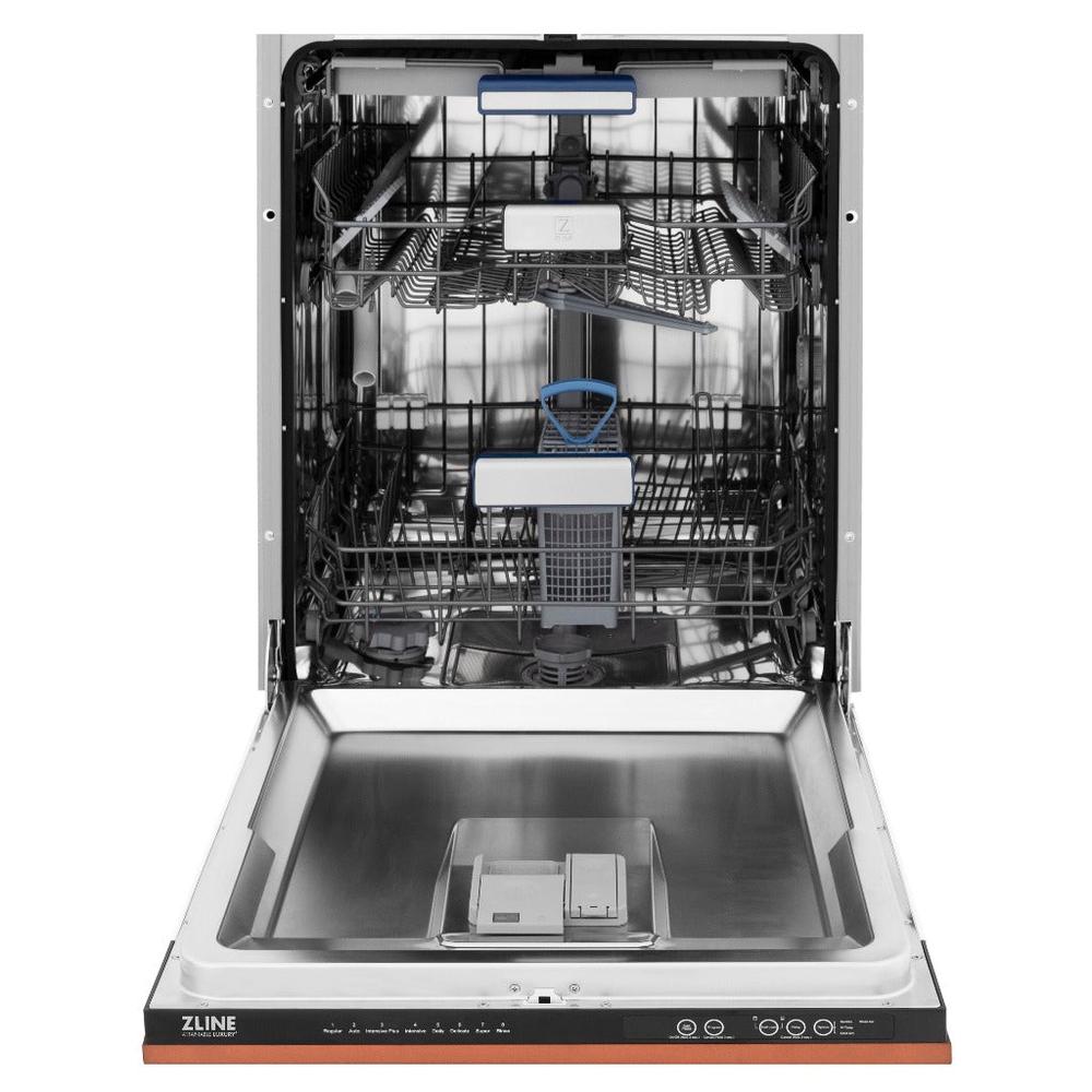 ZLINE 24 in. Tallac Series 3rd Rack Tall Tub Dishwasher in Copper with Stainless Steel Tub, 51dBa (DWV-C-24) front, open.