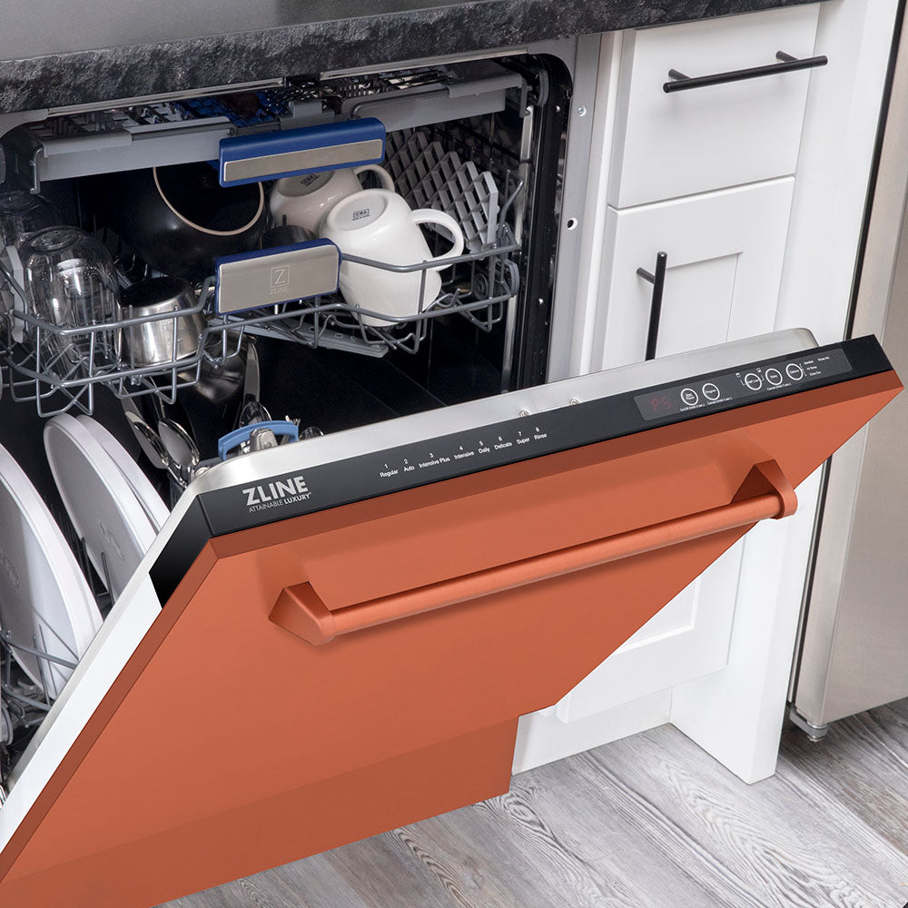 ZLINE 24 in. Tallac Series 3rd Rack Tall Tub Dishwasher in Copper with Stainless Steel Tub, 51dBa (DWV-C-24) half open with dishes loaded in a luxury kitchen.