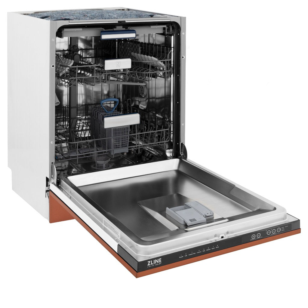 ZLINE 24 in. Tallac Series 3rd Rack Tall Tub Dishwasher in Copper with Stainless Steel Tub, 51dBa (DWV-C-24) side, open.