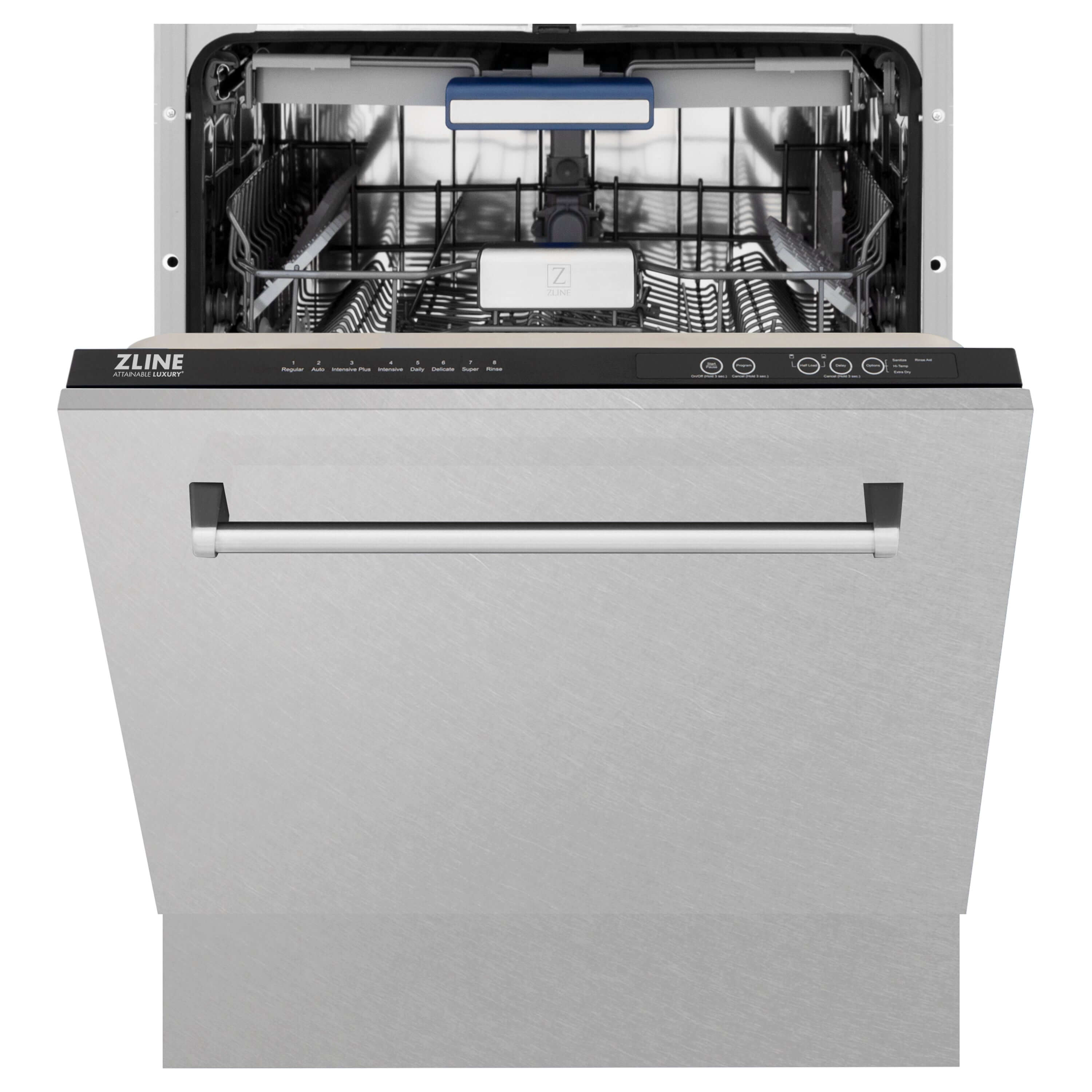 ZLINE 24" Tallac Dishwasher with DuraSnow Stainless Steel Panel and Traditional Handle front with door halfway open.