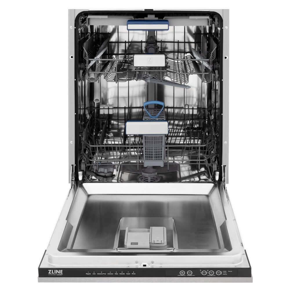 ZLINE 24" Tallac Dishwasher with DuraSnow Stainless Steel Panel and Traditional Handle front with door open.