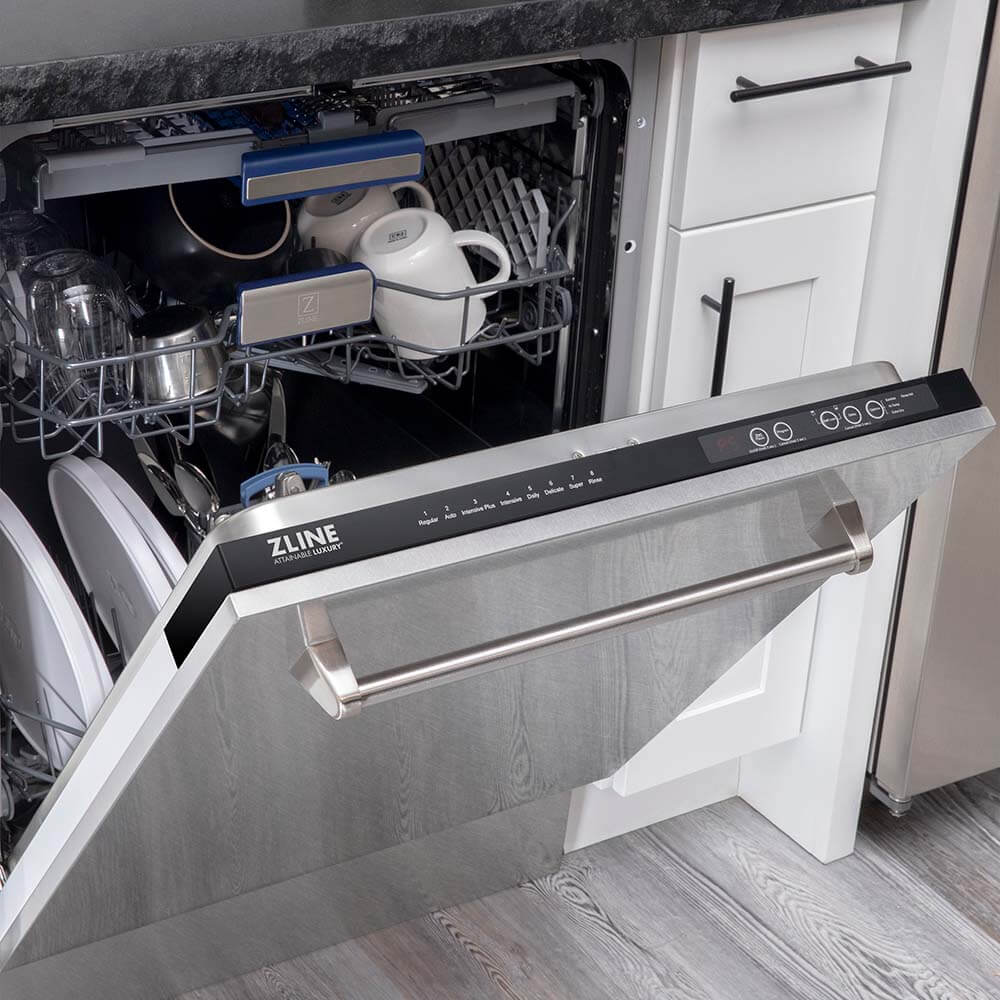 Built-in third rack dishwasher with top controls door half open and dishes inside