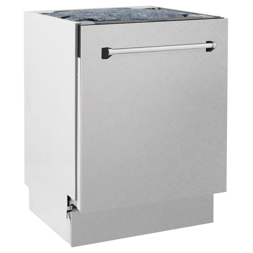 ZLINE 24" Tallac Dishwasher with DuraSnow Stainless Steel Panel and Traditional Handle side.