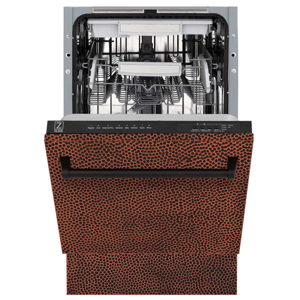 ZLINE 18 in. Tallac Series 3rd Rack Top Control Built-In Dishwasher in Hand Hammered Copper with Stainless Steel Tub, 51dBa (DWV-HH-18) front, half open.