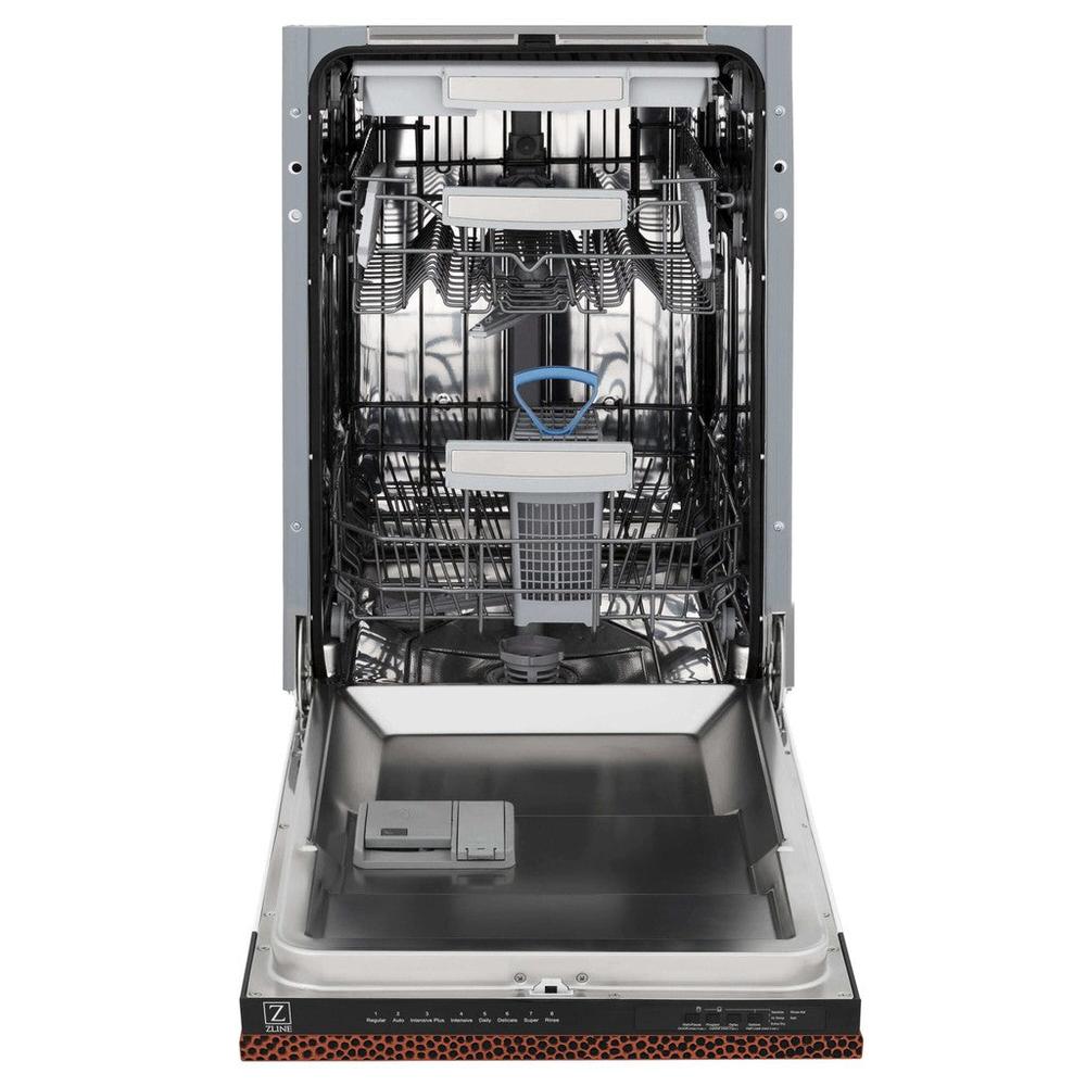 ZLINE 18 in. Tallac Series 3rd Rack Top Control Built-In Dishwasher in Hand Hammered Copper with Stainless Steel Tub, 51dBa (DWV-HH-18) front, open.