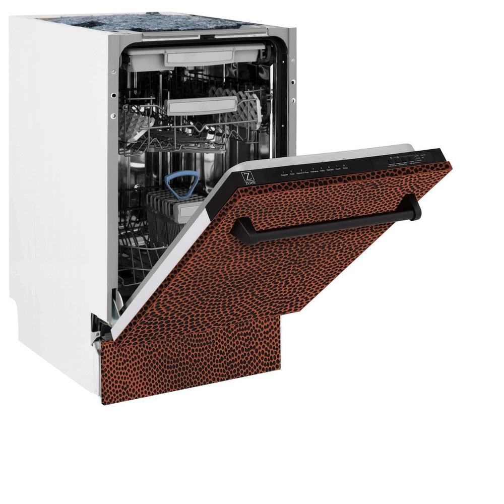 ZLINE 18 in. Tallac Series 3rd Rack Top Control Built-In Dishwasher in Hand Hammered Copper with Stainless Steel Tub, 51dBa (DWV-HH-18) side, half open.