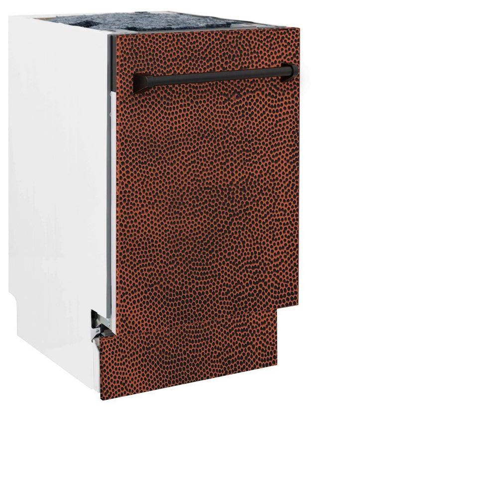 ZLINE 18 in. Tallac Series 3rd Rack Top Control Built-In Dishwasher in Hand Hammered Copper with Stainless Steel Tub, 51dBa (DWV-HH-18) front, closed.