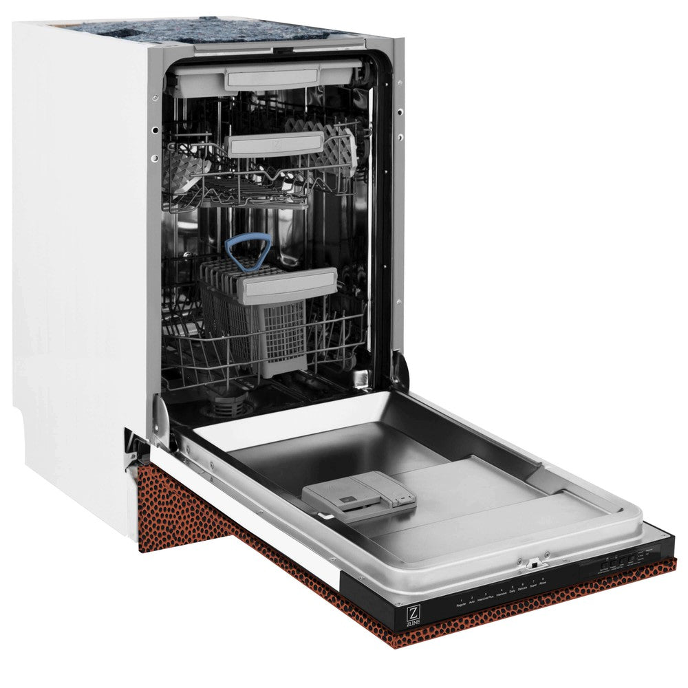 ZLINE 18 in. Tallac Series 3rd Rack Top Control Built-In Dishwasher in Hand Hammered Copper with Stainless Steel Tub, 51dBa (DWV-HH-18) side, open.