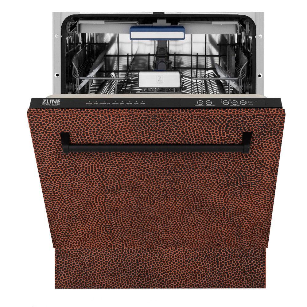 ZLINE 24 in. Tallac Series 3rd Rack Tall Tub Dishwasher in Hand Hammered Copper with Stainless Steel Tub, 51dBa (DWV-HH-24) front, half open.
