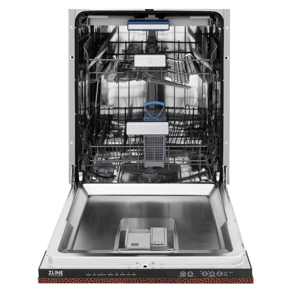 ZLINE 24 in. Tallac Series 3rd Rack Tall Tub Dishwasher in Hand Hammered Copper with Stainless Steel Tub, 51dBa (DWV-HH-24) front, open.