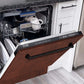ZLINE 24 in. Tallac Series 3rd Rack Tall Tub Dishwasher in Hand Hammered Copper with Stainless Steel Tub, 51dBa (DWV-HH-24) half open with dishes loaded in a luxury kitchen.