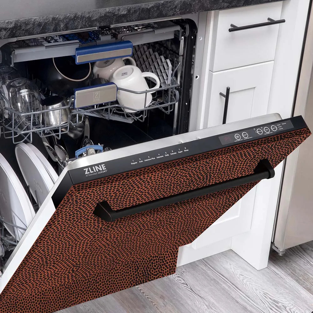 ZLINE 24 in. Tallac Series 3rd Rack Tall Tub Dishwasher in Hand Hammered Copper with Stainless Steel Tub, 51dBa (DWV-HH-24) half open with dishes loaded in a luxury kitchen.