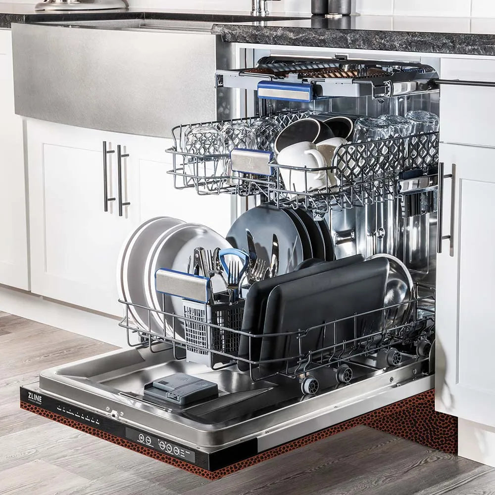 ZLINE 24 in. Tallac Series 3rd Rack Tall Tub Dishwasher in Hand Hammered Copper with Stainless Steel Tub, 51dBa (DWV-HH-24) open with dishes loaded inside in a luxury kitchen, side.