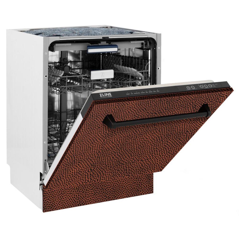 ZLINE 24 in. Tallac Series 3rd Rack Tall Tub Dishwasher in Hand Hammered Copper with Stainless Steel Tub, 51dBa (DWV-HH-24) side, half open.