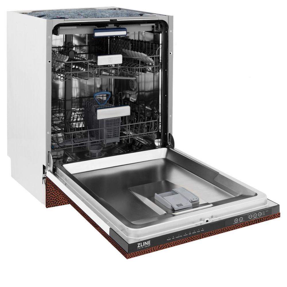 ZLINE 24 in. Tallac Series 3rd Rack Tall Tub Dishwasher in Hand Hammered Copper with Stainless Steel Tub, 51dBa (DWV-HH-24) side, open.