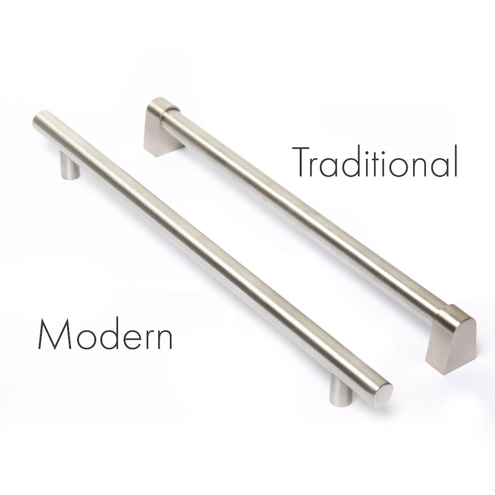 ZLINE Modern and Traditional Handle Comparison. Left: Modern-style Handle. Right: Traditional-style Handle.