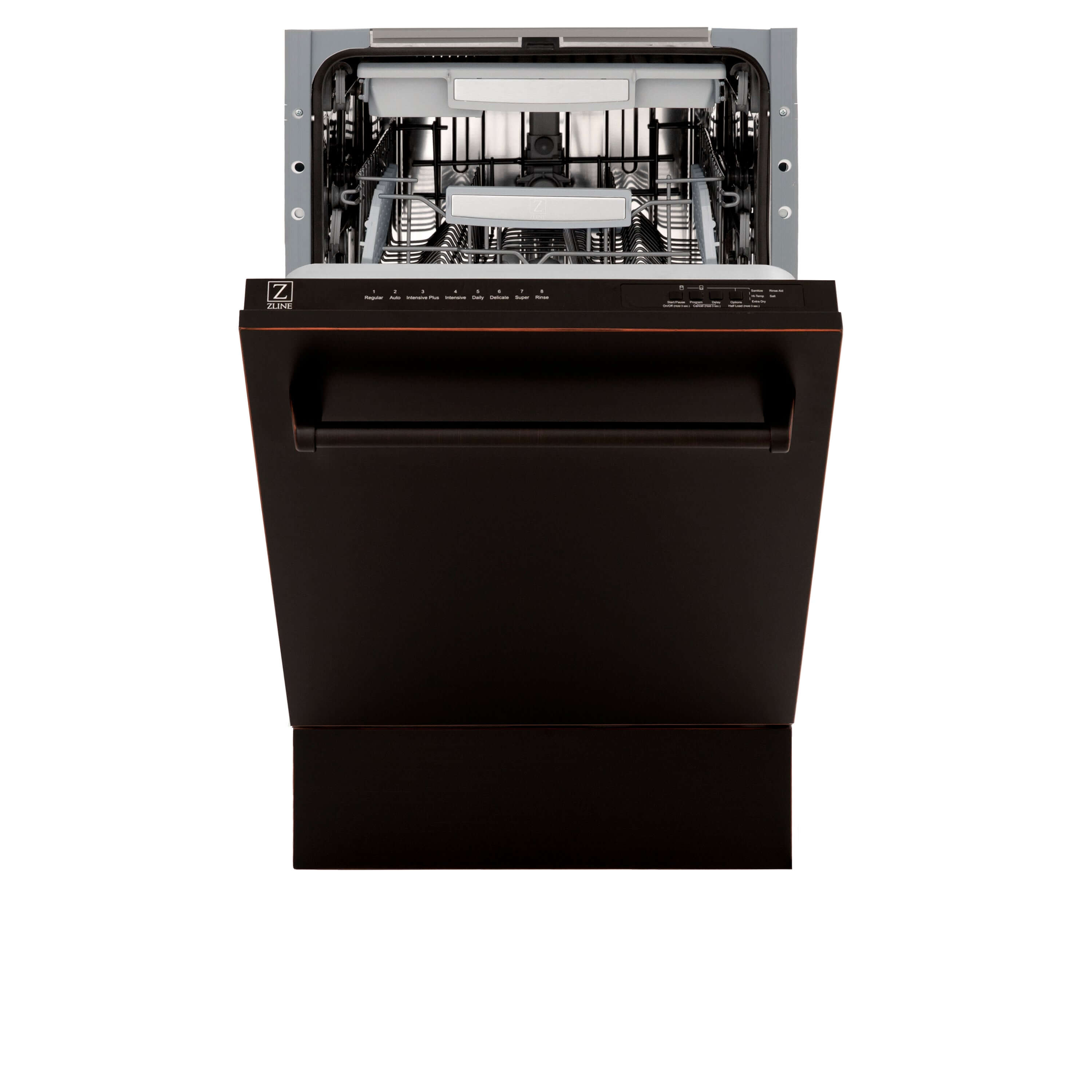 ZLINE 18 in. Tallac Series 3rd Rack Top Control Built-In Dishwasher in Oil Rubbed Bronze with Stainless Steel Tub, 51dBa (DWV-ORB-18) front, half open.