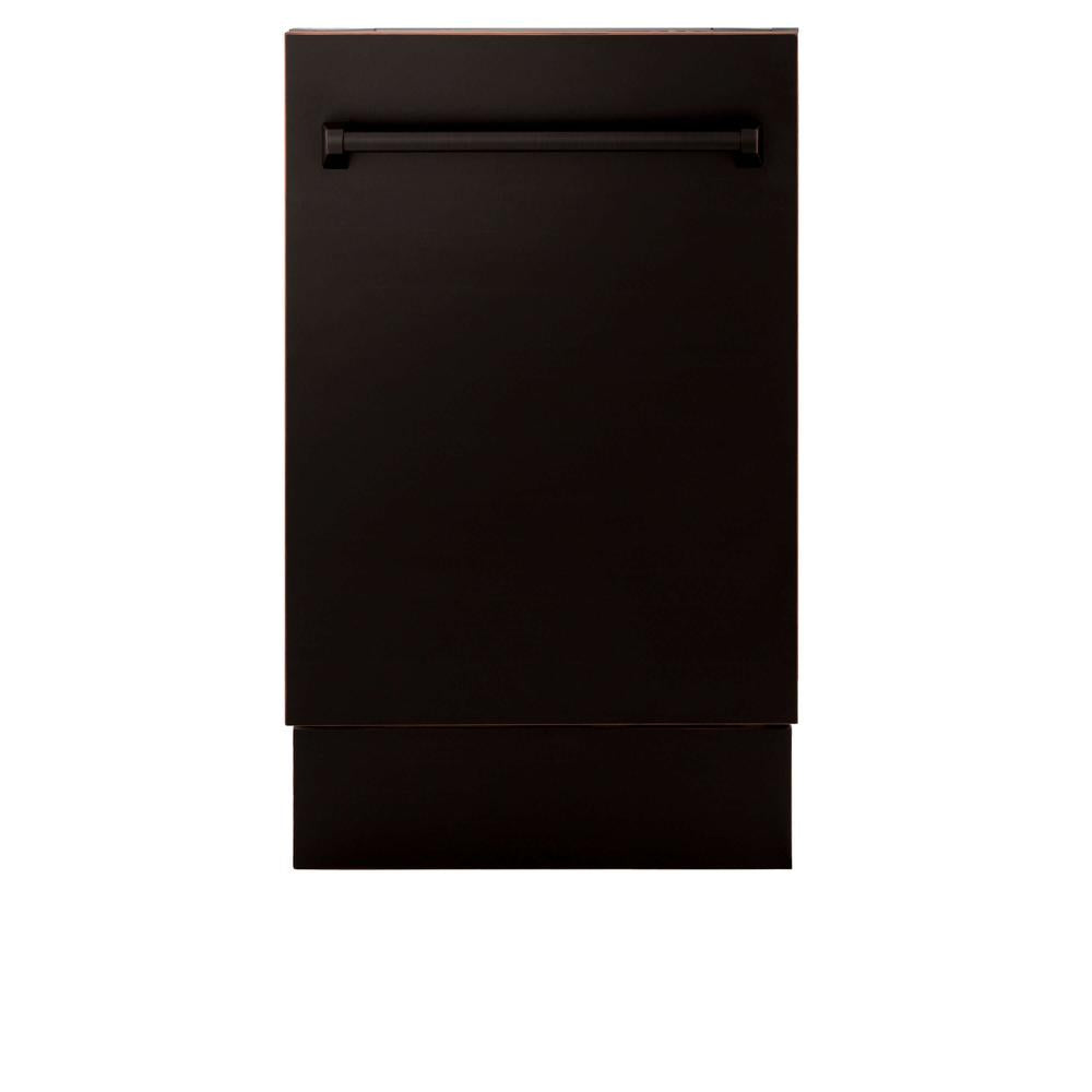 ZLINE 18 in. Tallac Series 3rd Rack Top Control Built-In Dishwasher in Oil Rubbed Bronze with Stainless Steel Tub, 51dBa (DWV-ORB-18) front, closed.