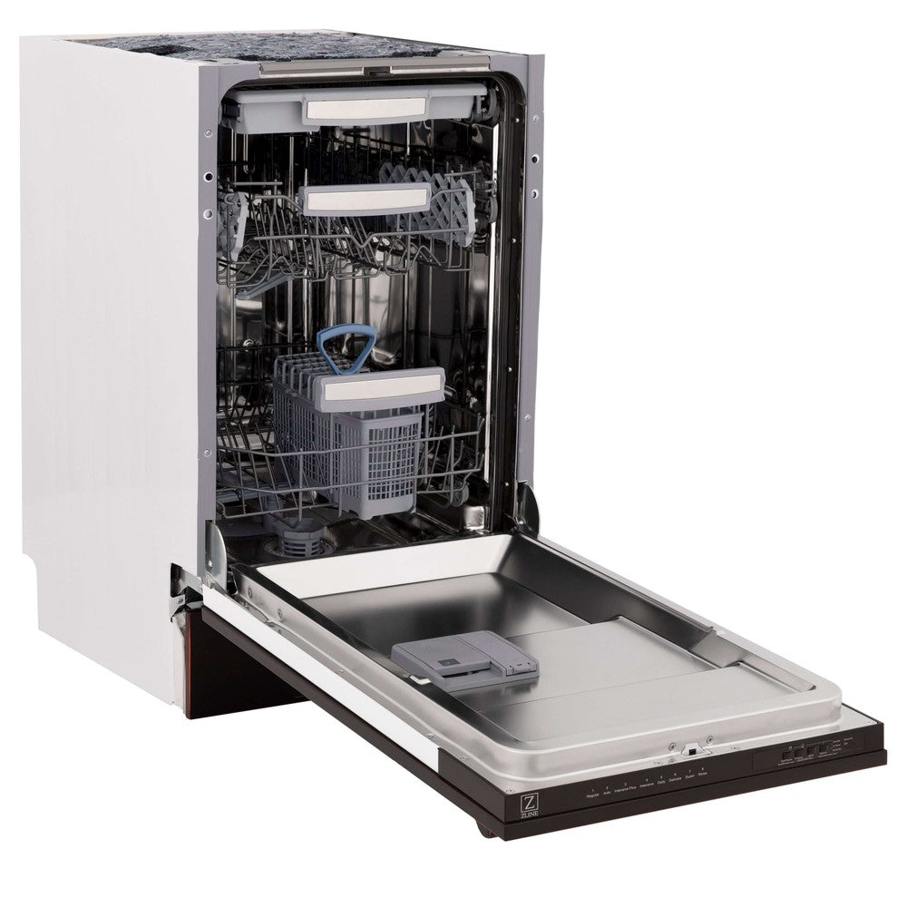 ZLINE 18 in. Tallac Series 3rd Rack Top Control Built-In Dishwasher in Oil Rubbed Bronze with Stainless Steel Tub, 51dBa (DWV-ORB-18) side, open.