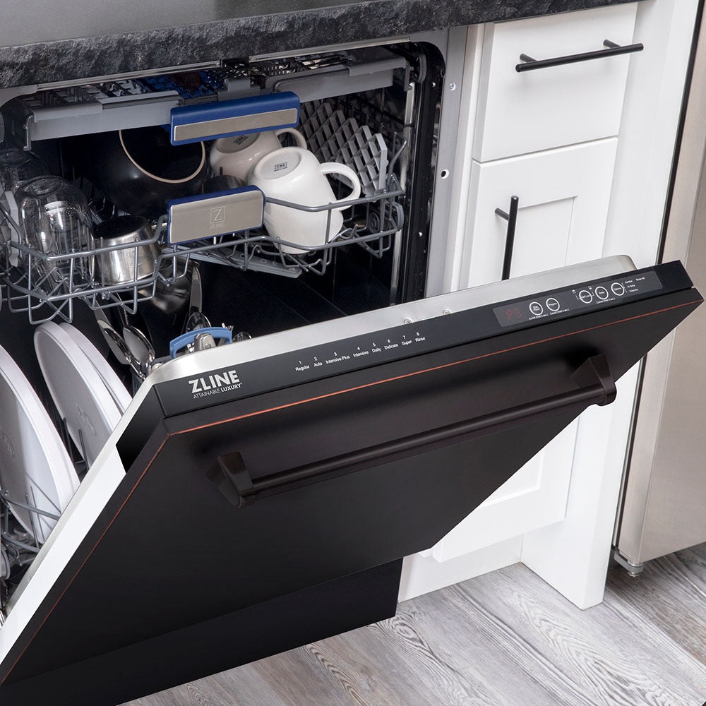ZLINE 24 in. Tallac Series 3rd Rack Tall Tub Dishwasher in Oil Rubbed Bronze with Stainless Steel Tub, 51dBa (DWV-ORB-24) half open with dishes loaded in a luxury kitchen.