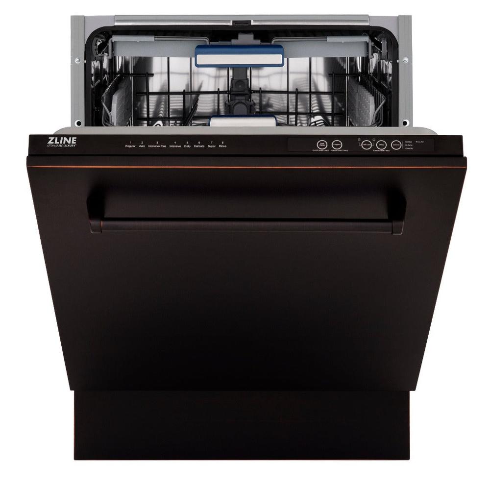 ZLINE 24 in. Tallac Series 3rd Rack Tall Tub Dishwasher in Oil Rubbed Bronze with Stainless Steel Tub, 51dBa (DWV-ORB-24) front, half open.