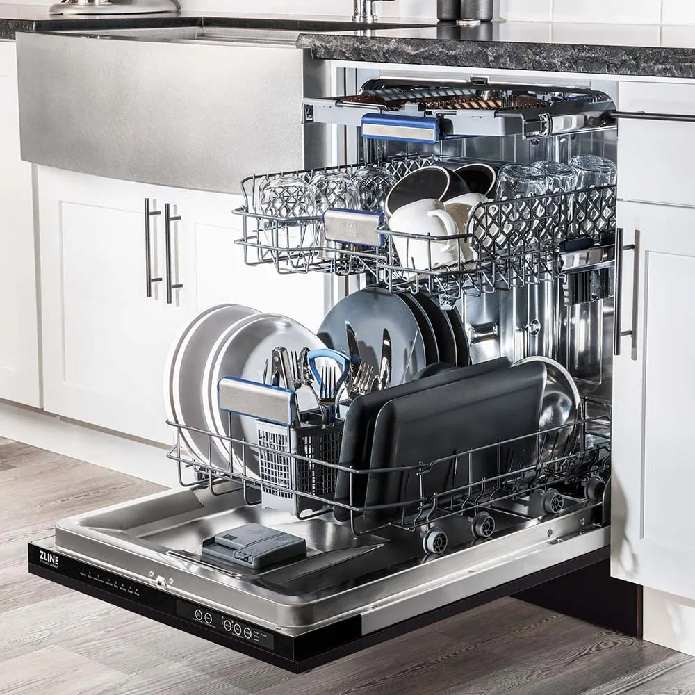 ZLINE 24 in. Tallac Series 3rd Rack Tall Tub Dishwasher in Oil Rubbed Bronze with Stainless Steel Tub, 51dBa (DWV-ORB-24) open with dishes loaded inside in a luxury kitchen, side.