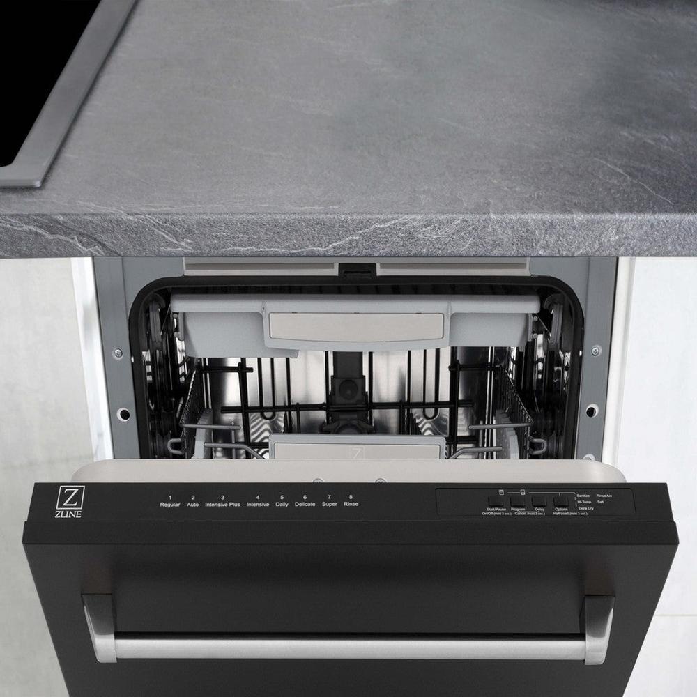 ZLINE 18 in. Tallac Series 3rd Rack Top Control Built-In Dishwasher in Black Matte with Stainless Steel Tub, 51dBa (DWV-BLM-18) built-in to cabinets in a luxury kitchen.