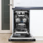 ZLINE Autograph Edition 18 in. Tallac Series 3rd Rack Top Control Built-In Dishwasher in Black Stainless Steel with Champagne Bronze Handle, 51dBa (DWVZ-BS-18-CB) built-in to cabinets in a luxury kitchen.