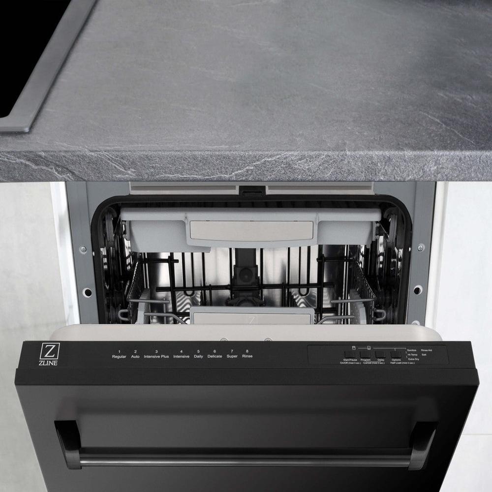 ZLINE 18 in. Tallac Series 3rd Rack Top Control Built-In Dishwasher in Black Stainless Steel with Stainless Steel Tub, 51dBa (DWV-BS-18) built-in to cabinets in a luxury kitchen.