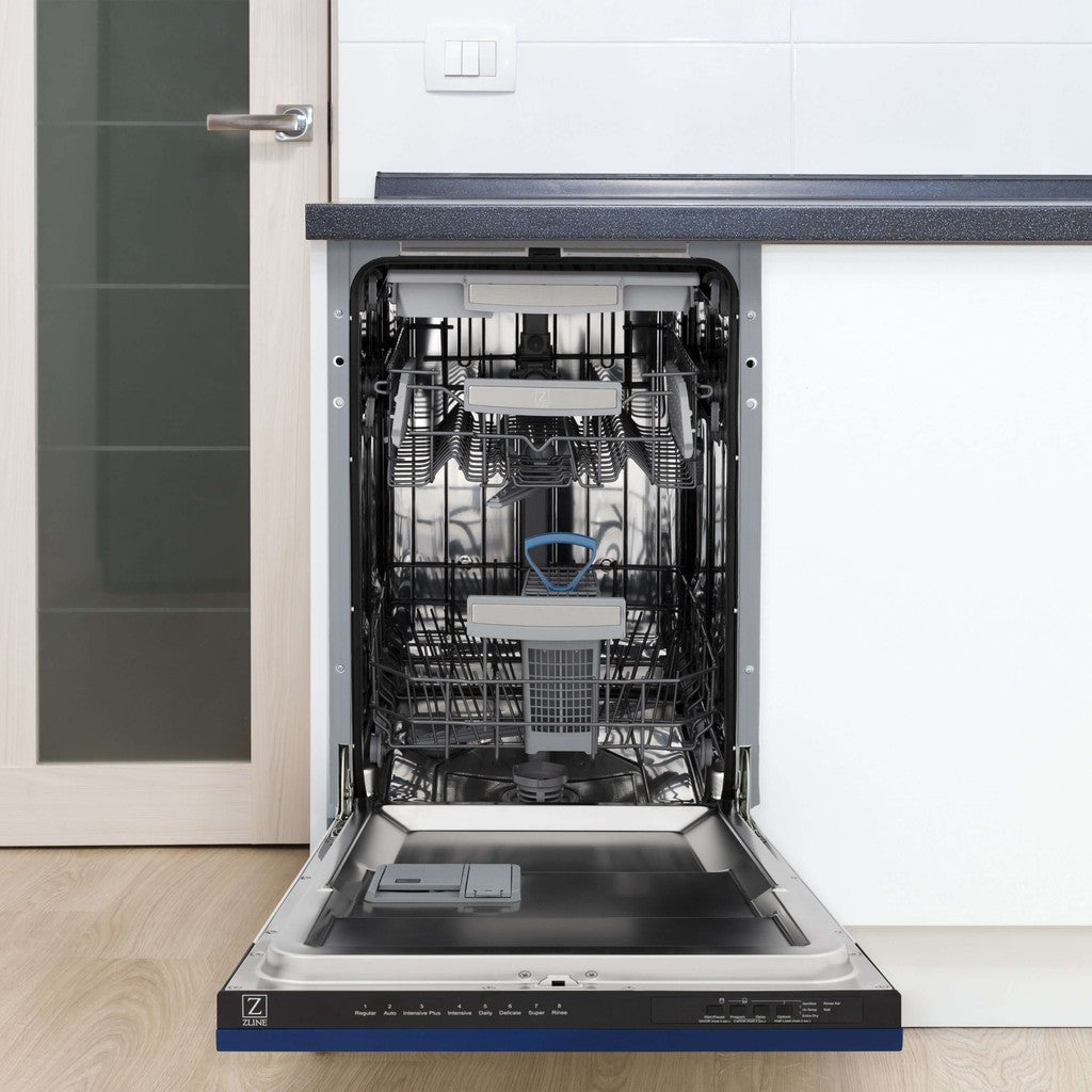 ZLINE 18 in. Tallac Series 3rd Rack Top Control Built-In Dishwasher in Blue Gloss with Stainless Steel Tub, 51dBa (DWV-BG-18) built-in to cabinets in a luxury kitchen.