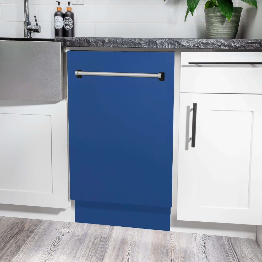 ZLINE 18 in. Tallac Series 3rd Rack Top Control Built-In Dishwasher in Blue Matte with Stainless Steel Tub, 51dBa (DWV-BM-18) built-in to white cabinets with granite countertops in a luxury kitchen.