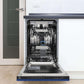 ZLINE 18 in. Tallac Series 3rd Rack Top Control Built-In Dishwasher in Blue Matte with Stainless Steel Tub, 51dBa (DWV-BM-18) built-in to cabinets in a luxury kitchen.