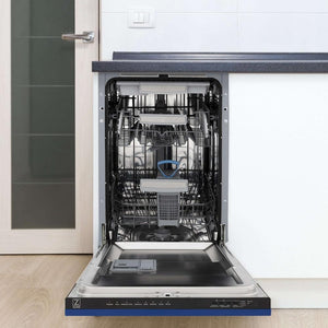 ZLINE 18 in. Tallac Series 3rd Rack Top Control Built-In Dishwasher in Blue Matte with Stainless Steel Tub, 51dBa (DWV-BM-18) built-in to cabinets in a luxury kitchen.