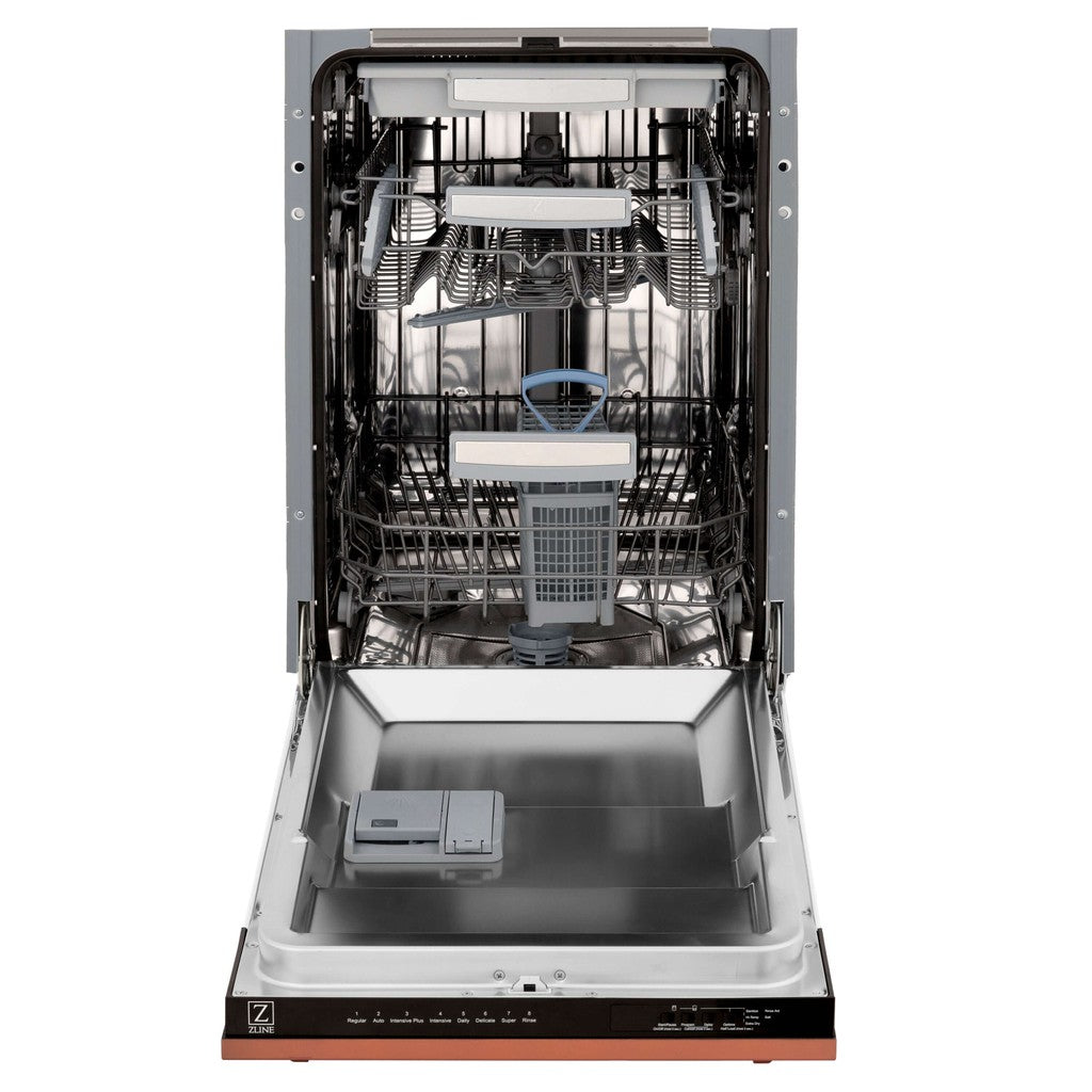 ZLINE 18 in. Tallac Series 3rd Rack Top Control Built-In Dishwasher in Copper with Stainless Steel Tub, 51dBa (DWV-C-18) front, open.