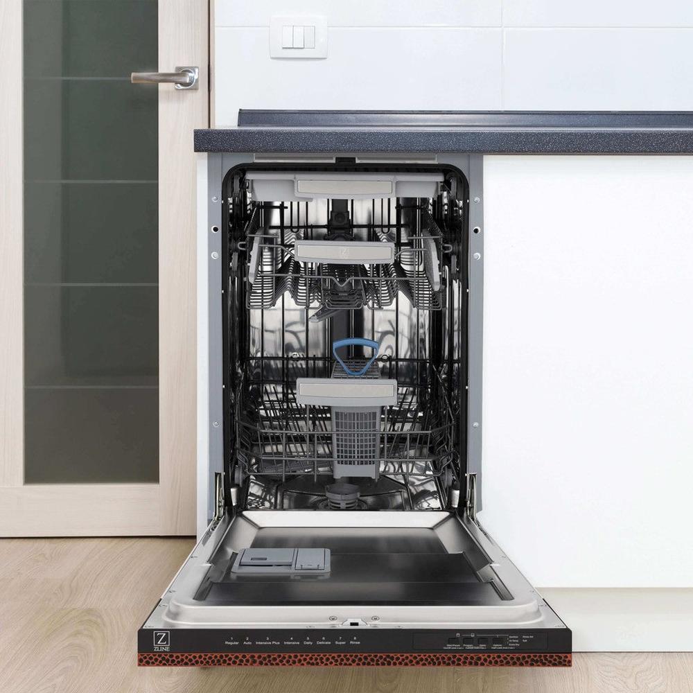 ZLINE 18 in. Tallac Series 3rd Rack Top Control Built-In Dishwasher in Hand Hammered Copper with Stainless Steel Tub, 51dBa (DWV-HH-18) built-in to cabinets in a luxury kitchen.