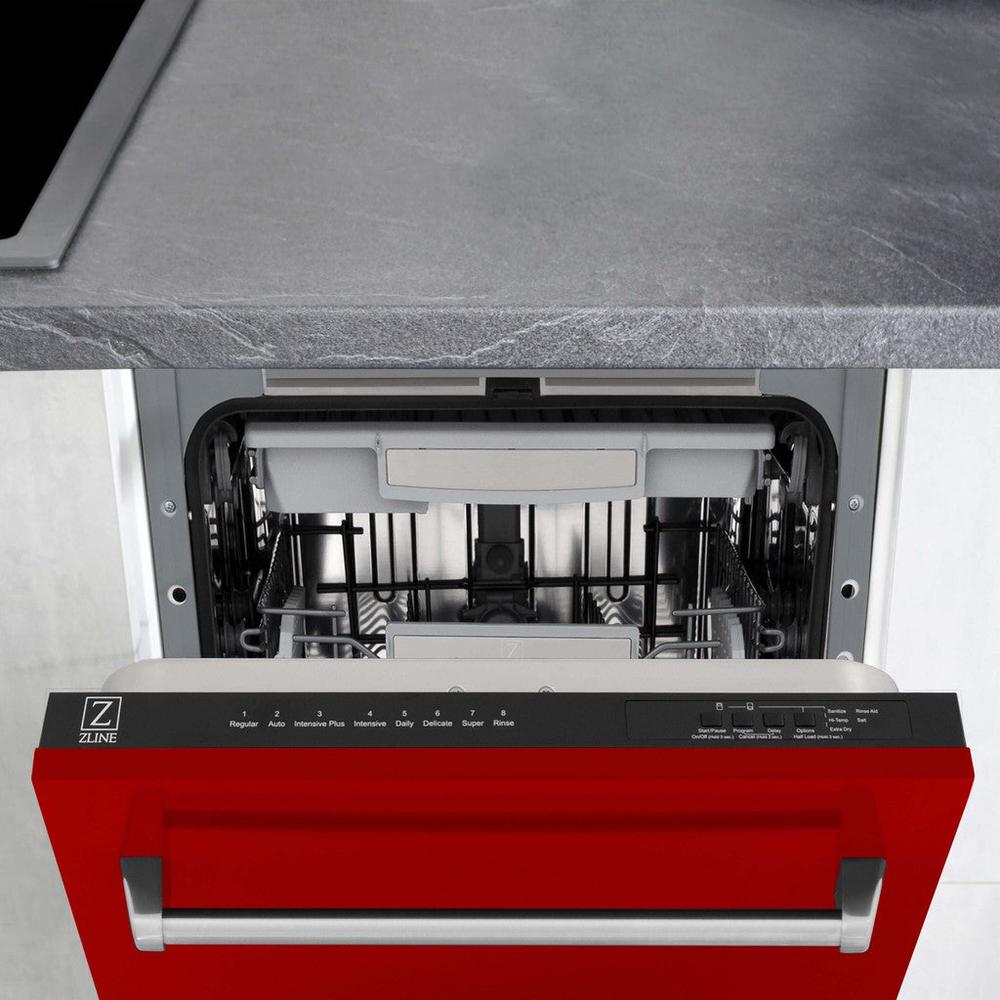 ZLINE 18 in. Tallac Series 3rd Rack Top Control Built-In Dishwasher in Red Gloss with Stainless Steel Tub, 51dBa (DWV-RG-18) built-in to cabinets in a luxury kitchen.