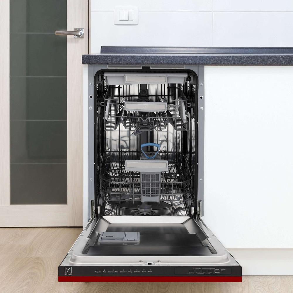 ZLINE 18 in. Tallac Series 3rd Rack Top Control Built-In Dishwasher in Red Gloss with Stainless Steel Tub, 51dBa (DWV-RG-18) built-in to cabinets in a luxury kitchen.