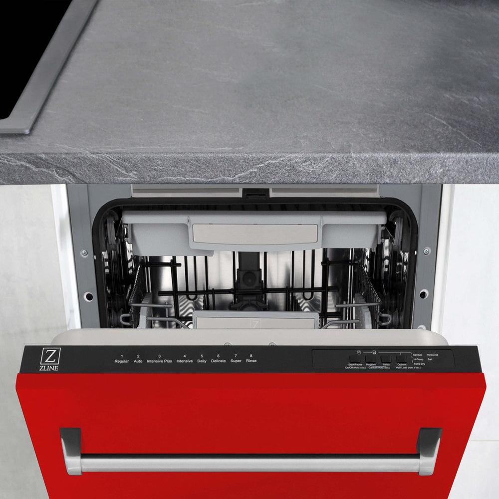 ZLINE 18 in. Tallac Series 3rd Rack Top Control Built-In Dishwasher in Red Matte with Stainless Steel Tub, 51dBa (DWV-RM-18) built-in to cabinets in a luxury kitchen.