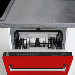 ZLINE 18 in. Tallac Series 3rd Rack Top Control Built-In Dishwasher in Red Matte with Stainless Steel Tub, 51dBa (DWV-RM-18) built-in to cabinets in a luxury kitchen.