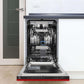 ZLINE 18 in. Tallac Series 3rd Rack Top Control Built-In Dishwasher in Red Matte with Stainless Steel Tub, 51dBa (DWV-RM-18) built-in to cabinets in a luxury kitchen.