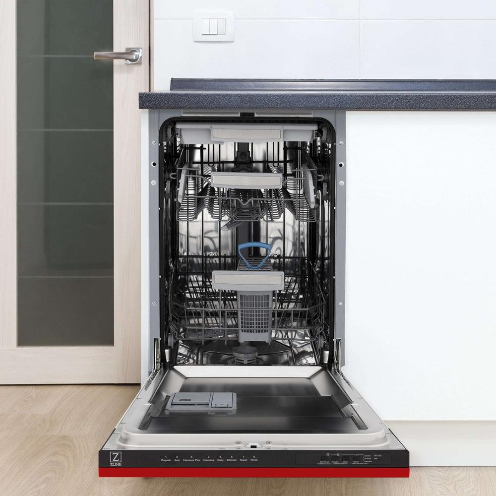 ZLINE 18 in. Tallac Series 3rd Rack Top Control Built-In Dishwasher in Red Matte with Stainless Steel Tub, 51dBa (DWV-RM-18) built-in to cabinets in a luxury kitchen.