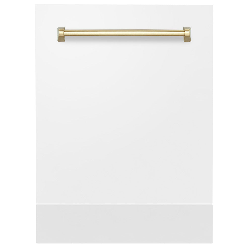 ZLINE 24 in. Autograph Edition Tallac Dishwasher Panel in White Matte with Champagne Bronze handle front with kickplate.