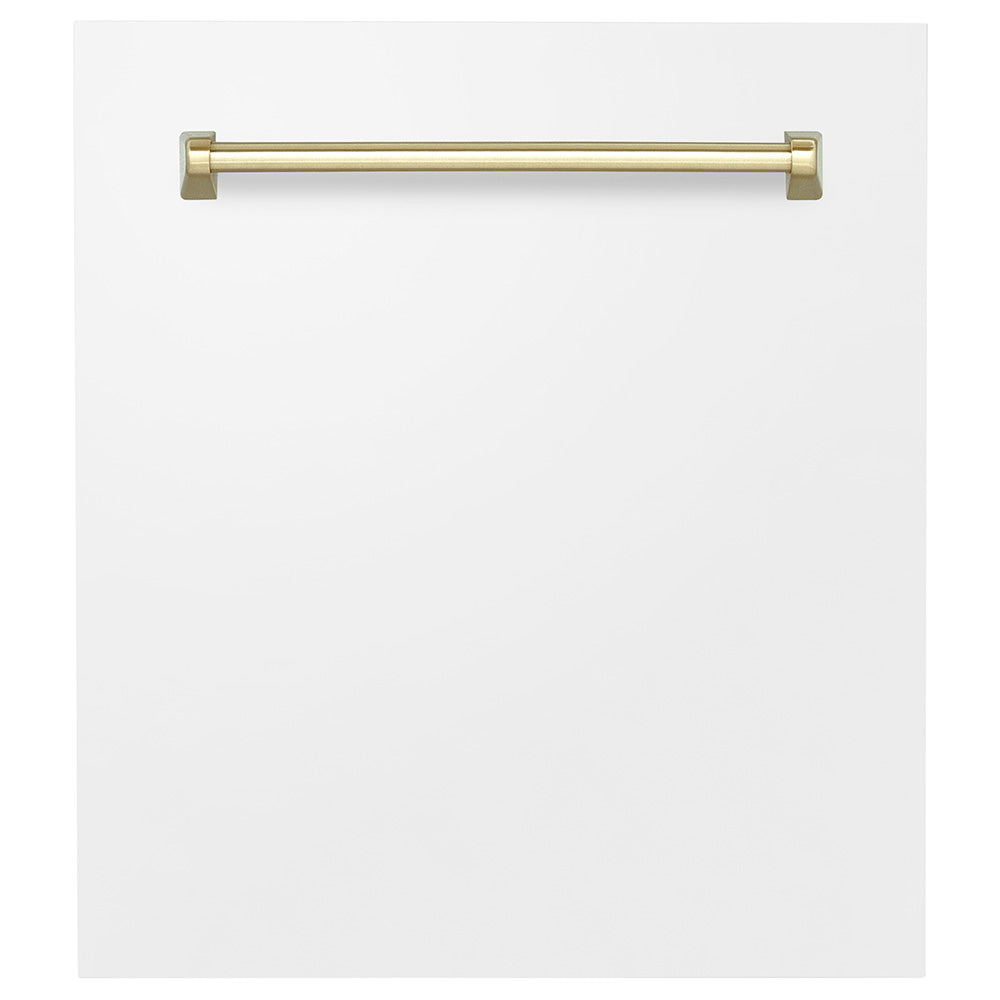 ZLINE 24 in. Autograph Edition Tallac Dishwasher Panel in White Matte with Champagne Bronze handle front.