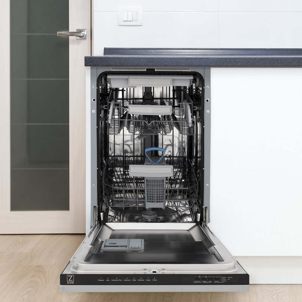 ZLINE 18 in. Tallac Series 3rd Rack Top Control Built-In Dishwasher in Stainless Steel and Traditional Handle, 51dBa (DWV-304-18) lifestyle, in a modern kitchen open.