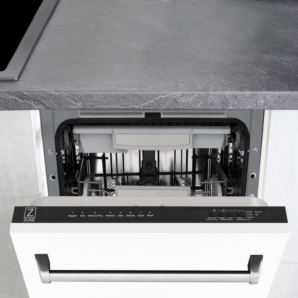 ZLINE 18 in. Tallac Series 3rd Rack Top Control Built-In Dishwasher in White Matte with Stainless Steel Tub, 51dBa (DWV-WM-18) built-in to cabinets in a luxury kitchen.