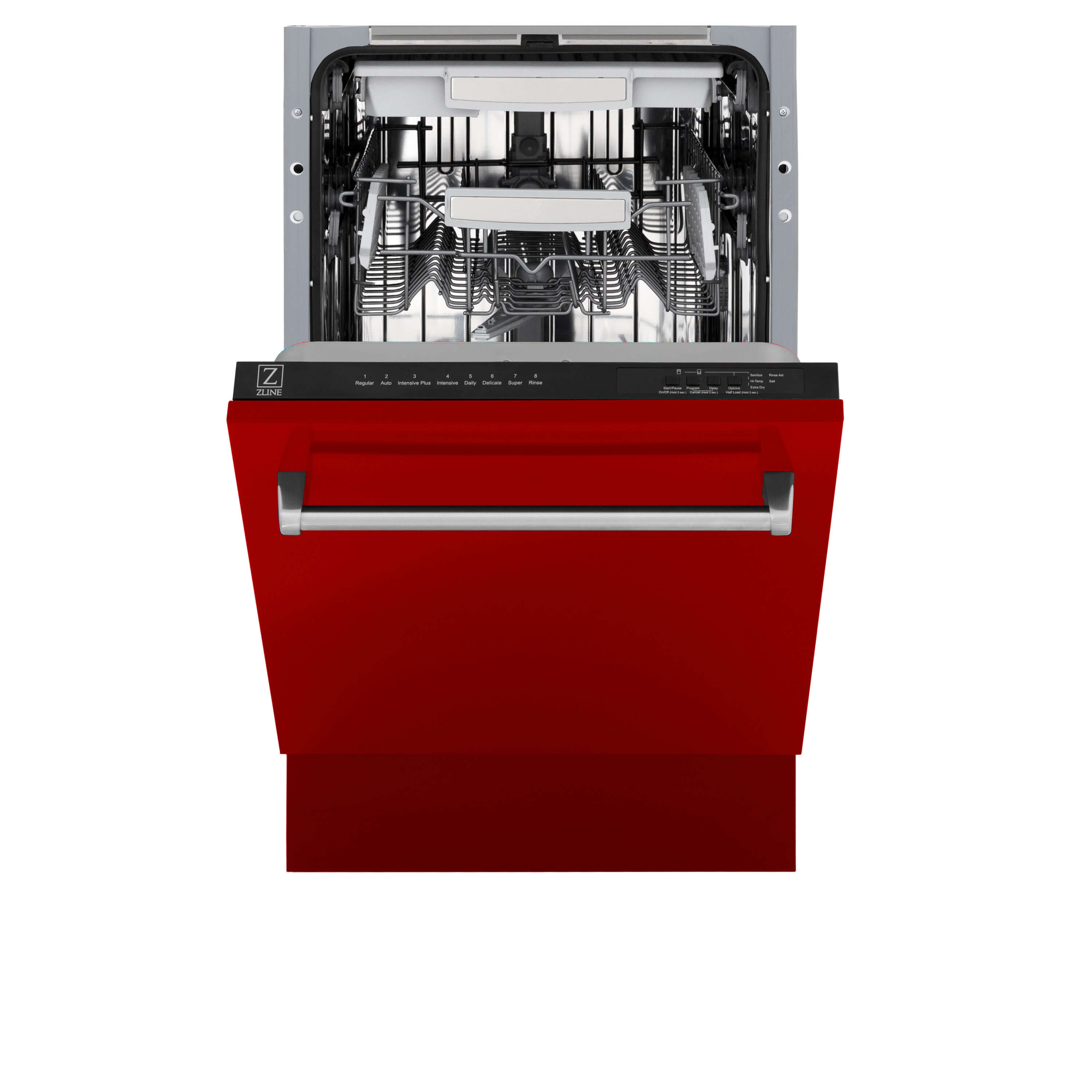 ZLINE 18 in. Tallac Series 3rd Rack Top Control Built-In Dishwasher in Red Gloss with Stainless Steel Tub, 51dBa (DWV-RG-18) front, half open.