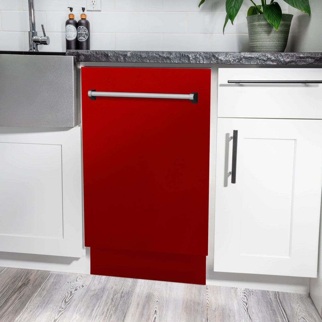ZLINE 18 in. Tallac Series 3rd Rack Top Control Built-In Dishwasher in Red Gloss with Stainless Steel Tub, 51dBa (DWV-RG-18) built-in to white cabinets with granite countertops in a luxury kitchen.