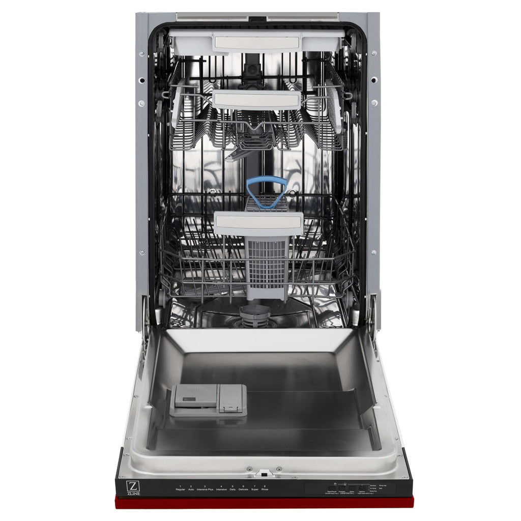 ZLINE 18 in. Tallac Series 3rd Rack Top Control Built-In Dishwasher in Red Gloss with Stainless Steel Tub, 51dBa (DWV-RG-18) front, open.