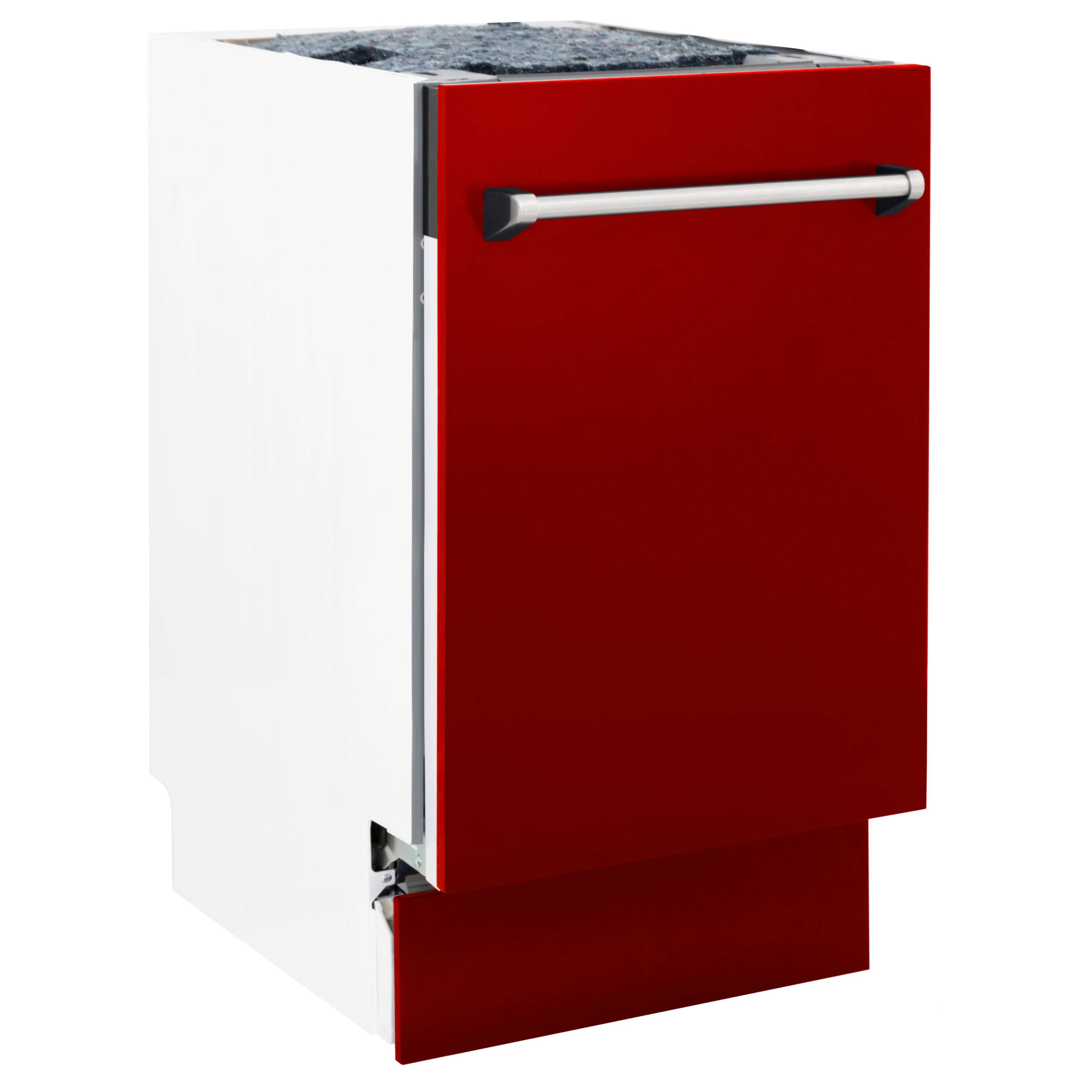 ZLINE 18 in. Tallac Series 3rd Rack Top Control Built-In Dishwasher in Red Gloss with Stainless Steel Tub, 51dBa (DWV-RG-18) front, closed.