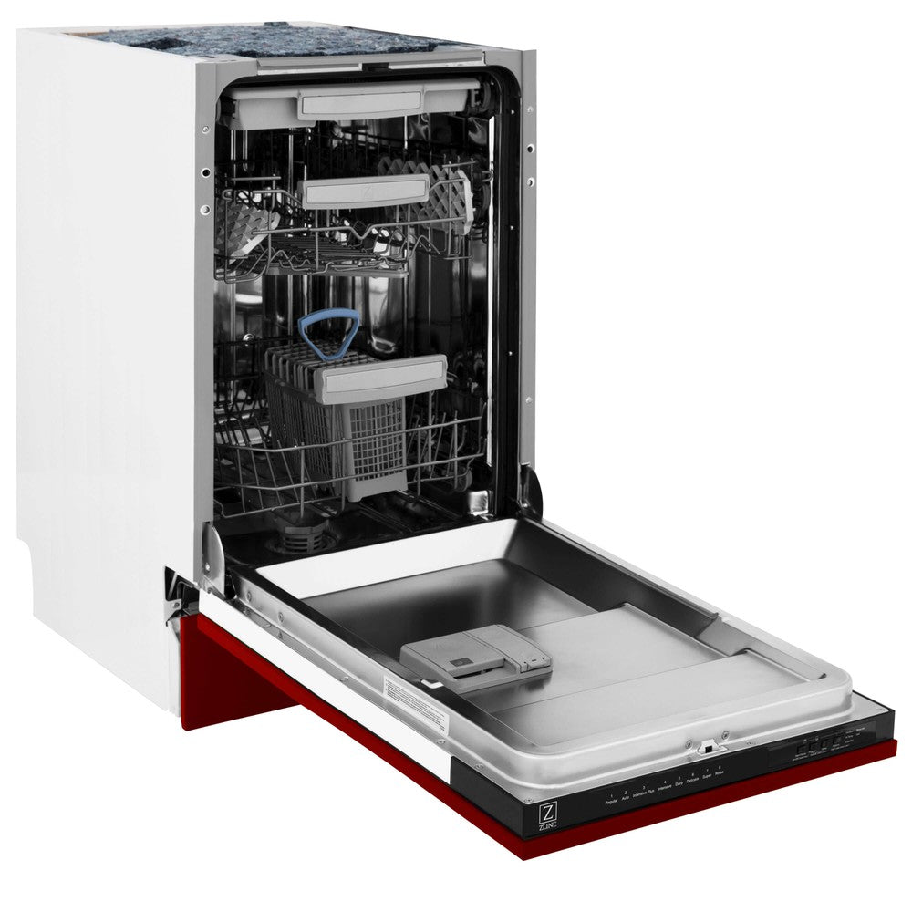 ZLINE 18 in. Tallac Series 3rd Rack Top Control Built-In Dishwasher in Red Gloss with Stainless Steel Tub, 51dBa (DWV-RG-18) side, open.